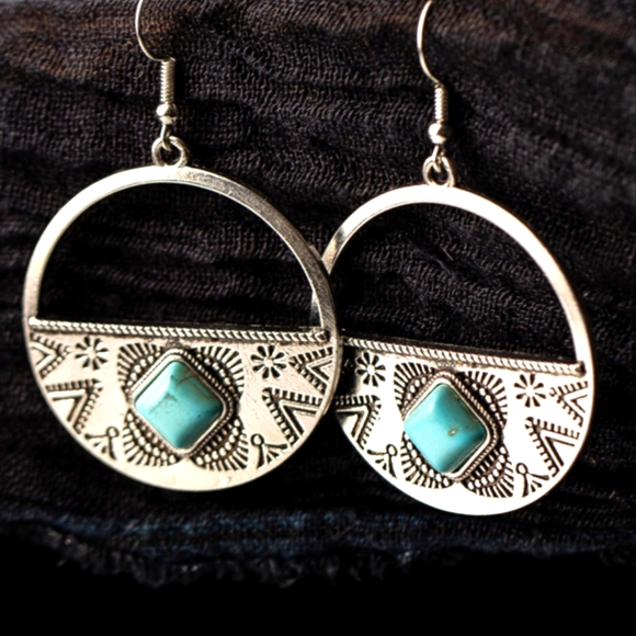 Boho Festival Folk Round Drop Turquoise Earrings - Picture 5 of 10